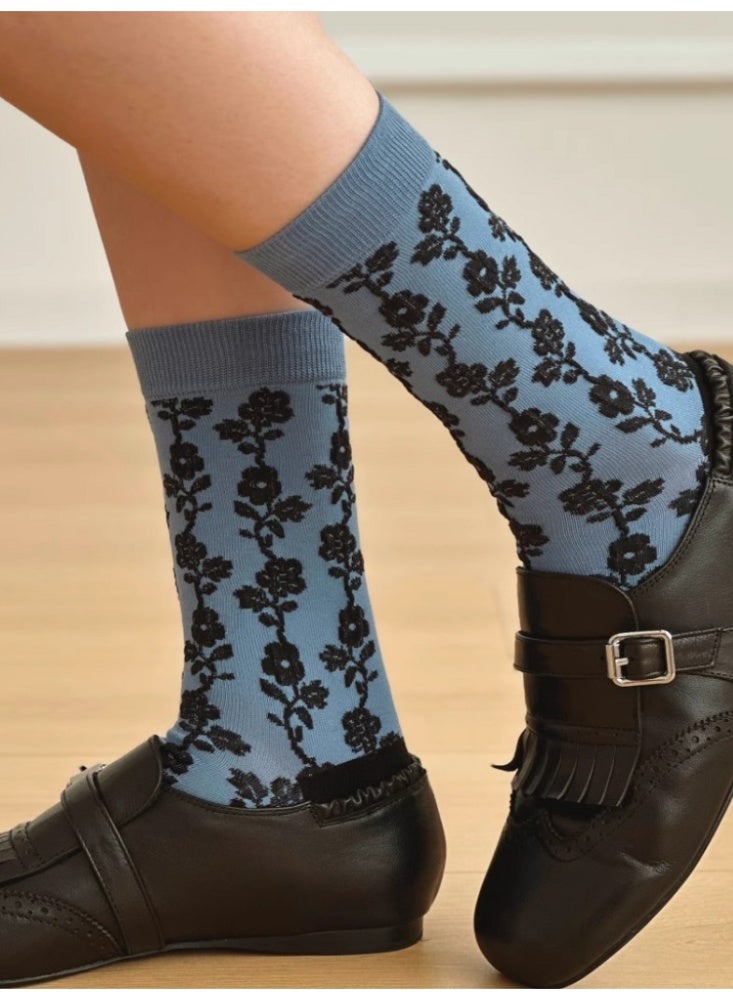 الجوارب الأطفال ريترو النبات زهرة الجوارب القطن 3 أزواج الضباب الأزرق - Image 1