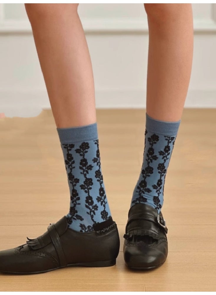 الجوارب الأطفال ريترو النبات زهرة الجوارب القطن 3 أزواج الضباب الأزرق - Image 3