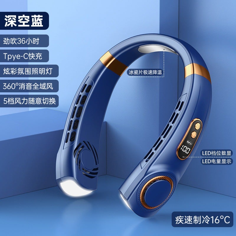 2024 Portable Neck Fan USB Rechargeable Quiet Bladeless Mini[Top with blue] Typc charging + super long battery life + real-time power display + colorful atmosphere breathing light [Top with blue] Typc charging + super long battery life + real-time power display + colorful atmosphere breathing light