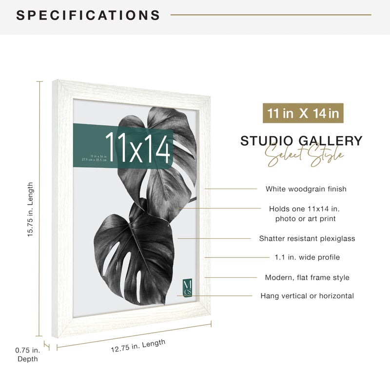 MCS Studio Gallery 11x14 Picture Frame White Woodgrain Engineered Wood, Rectangle Photo Frame for Photos, Posters & Art Prints (1-Pack) - Image 4