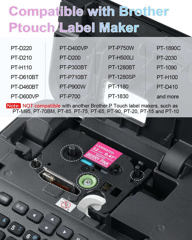 Labelife 6-Pack Replace Brother P Touch Label Tape, TZe TZ Tape 12mm 0.47 Laminated Color Label Maker Tape for Brother PT-D210 PT-H110 PT-D220 PT-D400, White on Pink/Lime Green/Orange/Blue/Green/Black - Image 2