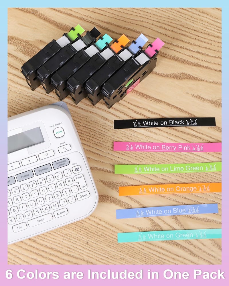 Labelife 6-Pack Replace Brother P Touch Label Tape, TZe TZ Tape 12mm 0.47 Laminated Color Label Maker Tape for Brother PT-D210 PT-H110 PT-D220 PT-D400, White on Pink/Lime Green/Orange/Blue/Green/Black - Image 3