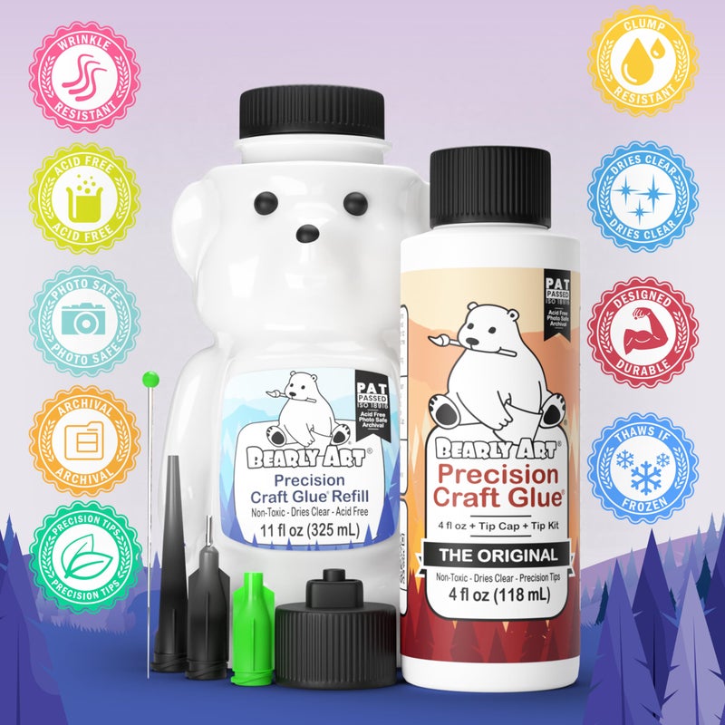 Bearly Art Precision Craft Glue -The Bundle - 4fl oz and 11fl oz Refill Bear - Tip Kit Included - Wrinkle Resistant - Flexible and Crack Resistant - Strong Hold Adhesive - Made in USA - Image 4