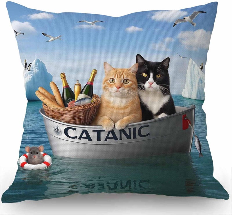 Swono Funny Cats Throw Pillow Cover The Two Brave Cats are Drifting in The Steel Cotton Linen Decorative Pillow Case Cushion Cover Home Sofa Decor 18x18 Inch Pillow Cover