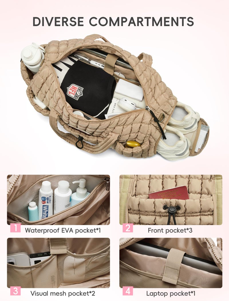 CLUCI Quilted Duffel Bag for Women, Large Puffer Duffle Weekender Bag with Shoe Compartment, Overnight Carry On Bag Workout for Airplane, Sports - Image 3