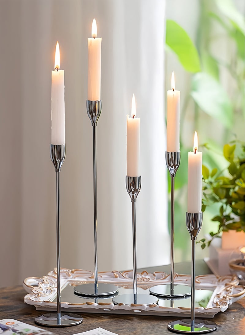 3-Piece Silver Metal Candle Holder Set with 4 Pink Rose Scented Candles, Elegant Home Decor - Image 5