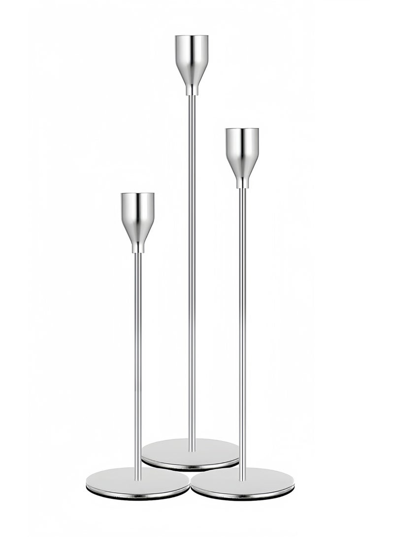 3-Piece Silver Metal Candle Holder Set with 4 Pink Rose Scented Candles, Elegant Home Decor - Image 2