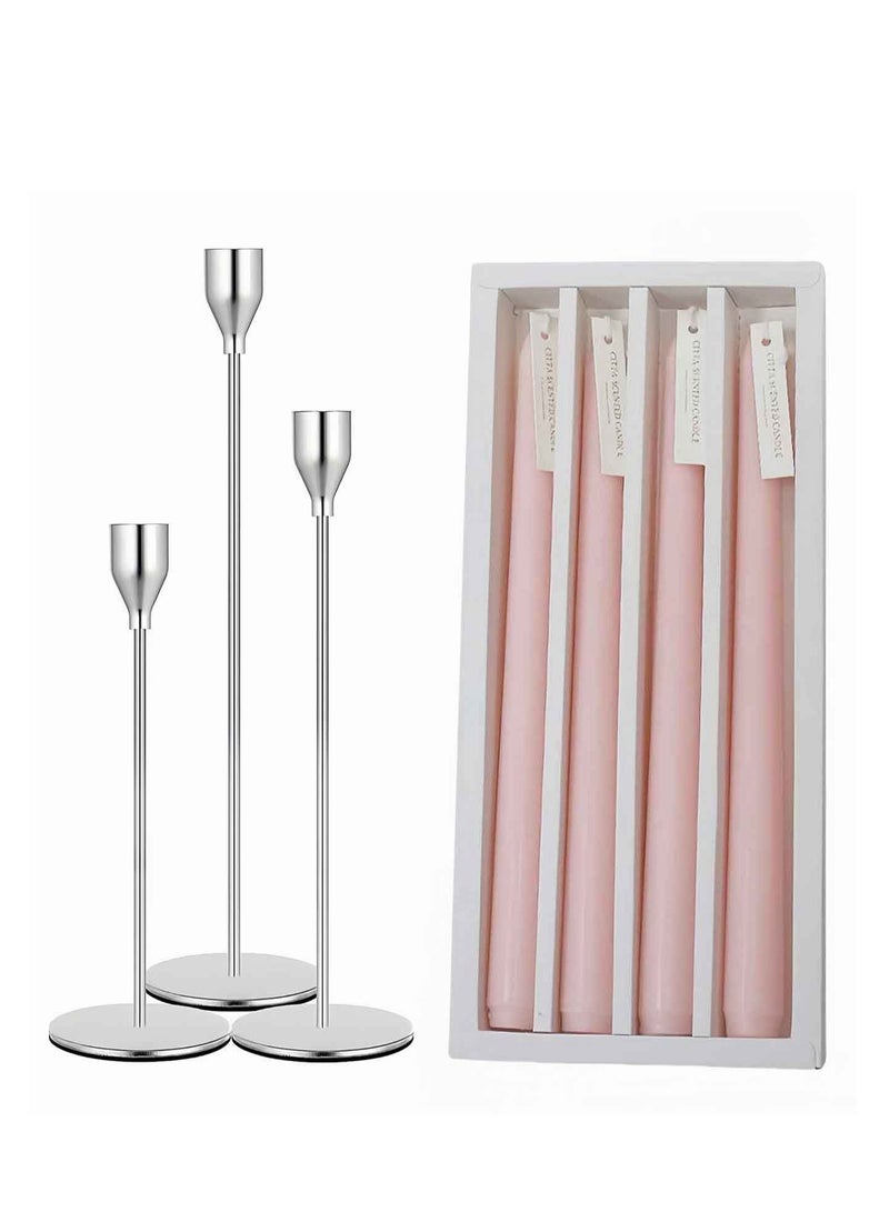 3-Piece Silver Metal Candle Holder Set with 4 Pink Rose Scented Candles, Elegant Home Decor - Image 1