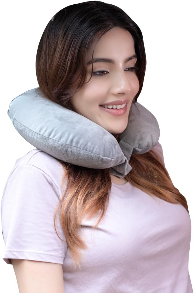 CareFoam وسادة عنق سفر CareFoam – دعم عنق خفيف الوزن للطيران، السيارة والقطار – غلاف مخملي فاخر، رمادي – نوم مريح للرجال والنساء - Image 4