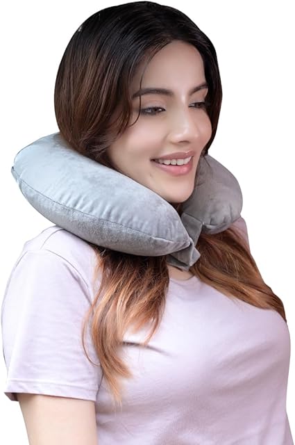 CareFoam وسادة عنق سفر CareFoam – دعم عنق خفيف الوزن للطيران، السيارة والقطار – غلاف مخملي فاخر، رمادي – نوم مريح للرجال والنساء - Image 1