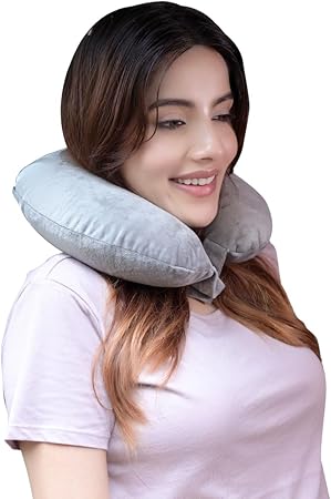 CareFoam وسادة عنق سفر CareFoam – دعم عنق خفيف الوزن للطيران، السيارة والقطار – غلاف مخملي فاخر، رمادي – نوم مريح للرجال والنساء - Image 5