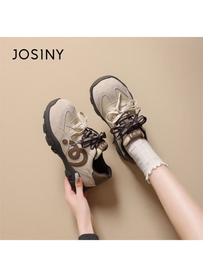 Josiny Zhuoshini Thick Sole Height Increasing Women's Sneakers Retro Breathable Casual Shoes Apricot Color Size 37 - Image 1