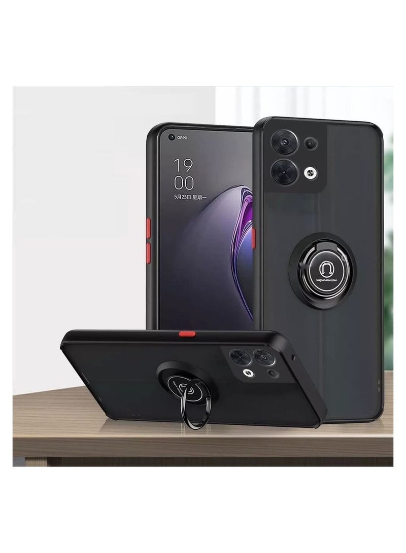 Rock Pow Oppo Reno8 Pro Case Flexible Silicone Bumper, Camera Protection Thin Translucent Shockproof Matte Back Cover with 360 rotational Car Mount Magnetic Ring Holder For Case Oppo Reno 8 Pro 5G Black