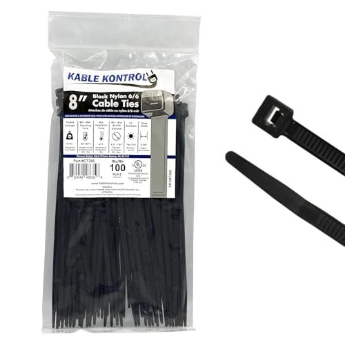 Kable Kontrol Cable Zip Ties 100 Pcs 8 Inch Black, 50 Lbs Tensile Strength, Self-locking UV Resistant Plastic Nylon Wire Ties, for Indoor or Outdoor Use - Image 1
