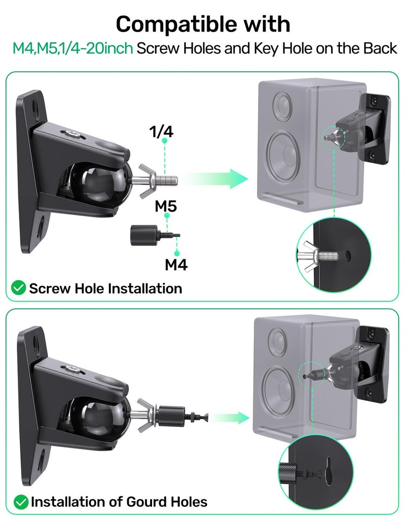 Borenbuir Surround Sound Rear Speaker Wall Mount, Ceiling Mount Bracket for Universal Satellite, fits Keyhole and Thread Hole with 1/4"- 20 Threads, 5mm and 4mm, Compatible with Roku, Samsung q990d & Others - Image 5