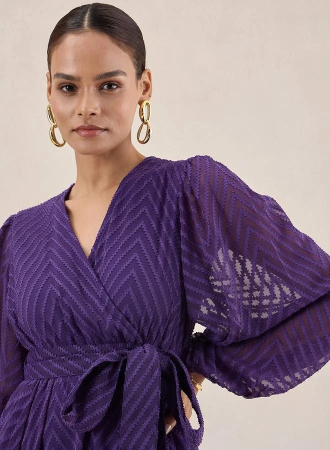 Femmella Chevron Dobby Wrap Maxi Dress with Waist Tie Detail by Styli