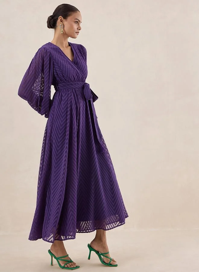 Femmella Chevron Dobby Wrap Maxi Dress with Waist Tie Detail by Styli
