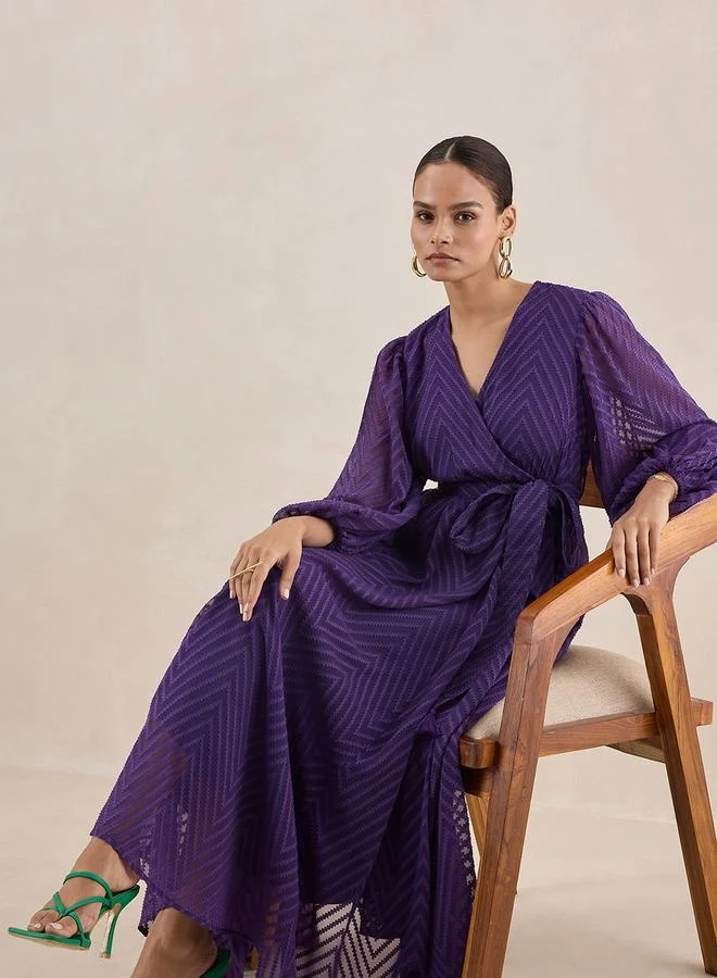 Femmella Chevron Dobby Wrap Maxi Dress with Waist Tie Detail by Styli
