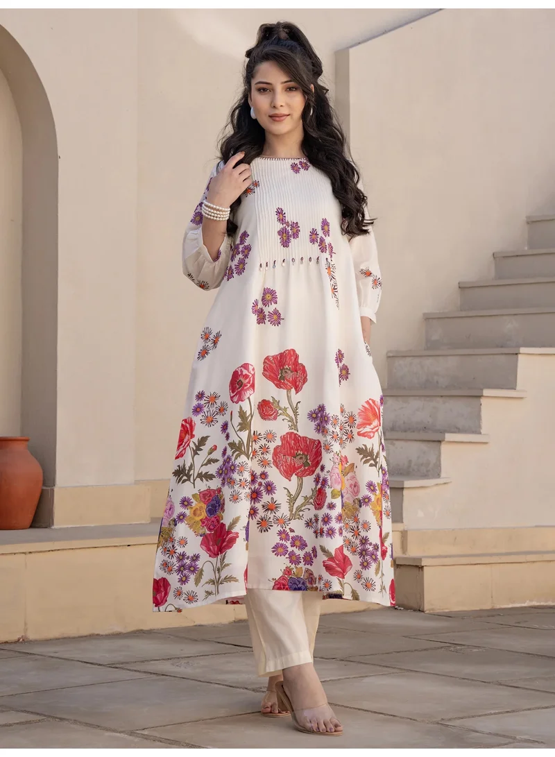 Ameya  Off-white-printed-a-line-kurta-trouser-set-3 for Women | Best Price UAE