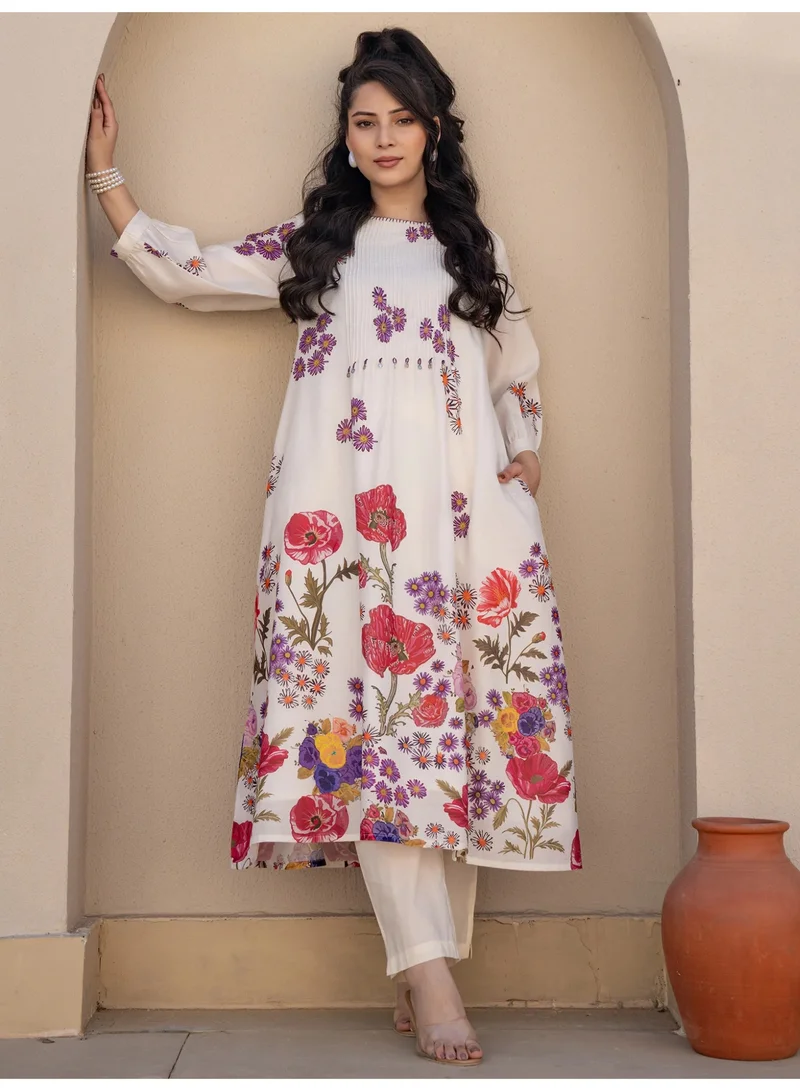 Ameya  Off-white-printed-a-line-kurta-trouser-set-3 for Women | Best Price UAE