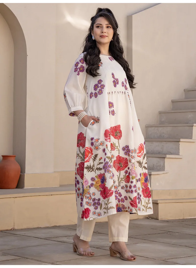 Ameya  Off-white-printed-a-line-kurta-trouser-set-3 for Women | Best Price UAE