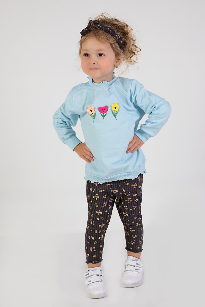 Harika Kids Baby Girl Two Yarn Fabric Medium Thickness Embroidered Bandana Included Knitted Basic Tracksuit Set  - Image 1