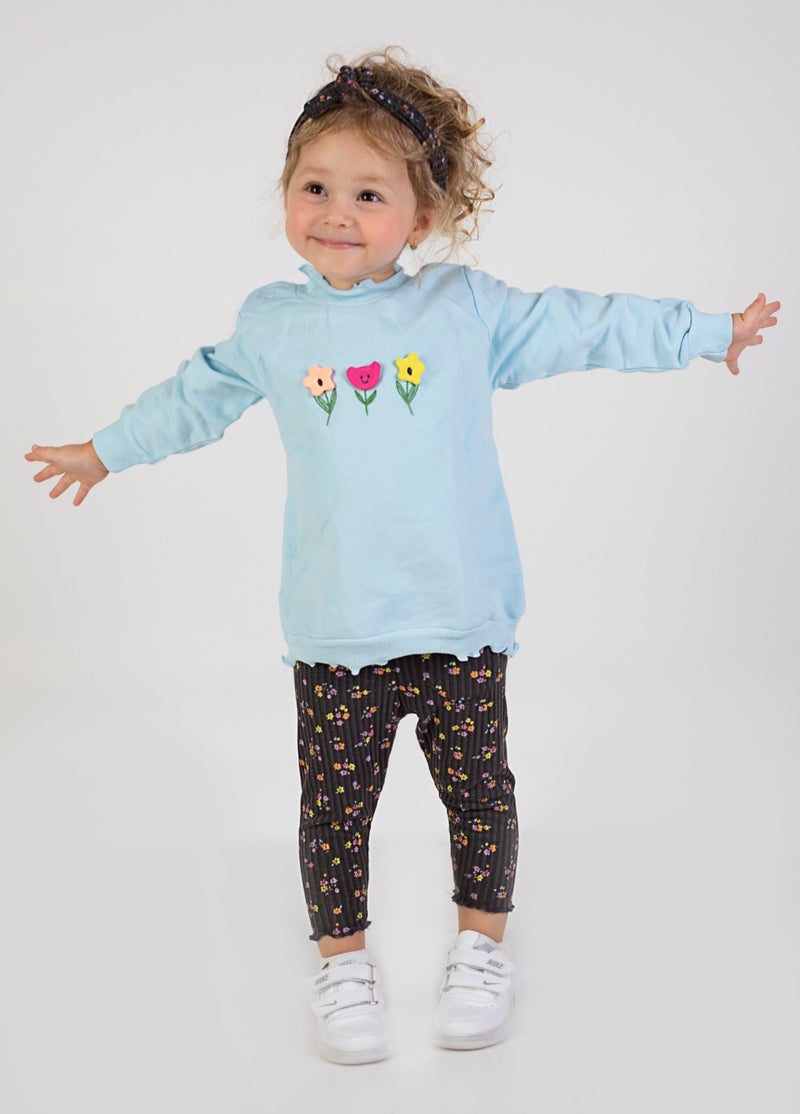 Harika Kids Baby Girl Two Yarn Fabric Medium Thickness Embroidered Bandana Included Knitted Basic Tracksuit Set  - Image 4