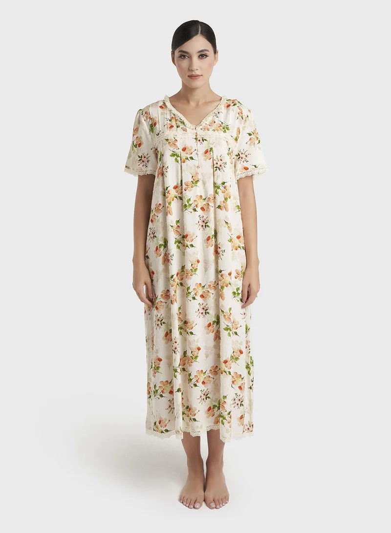 كشخة Apricot Print Rayon Mini Nightwear Dress (CNH486)
