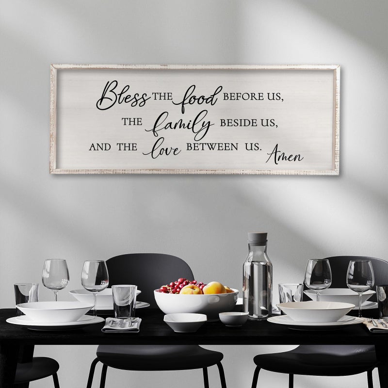 Surfapans Bless the Food Before Us Wall Decor, 32"X12" Farmhouse Dining Room Family Kitchen Sign, Christian Bible Verse Scripture Vintage Home Framed Wood Wall Art (White) - Image 5