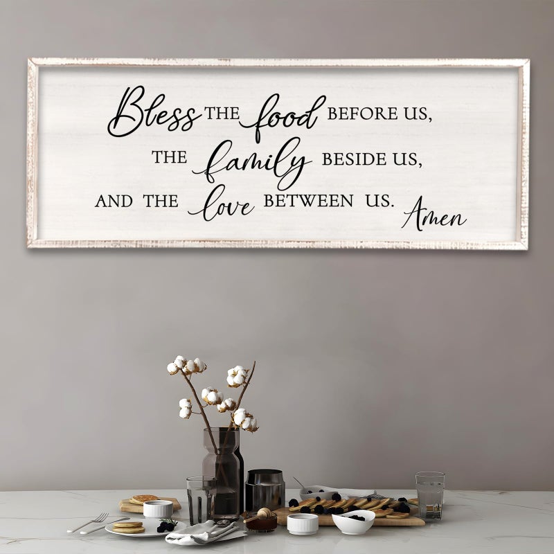 Surfapans Bless the Food Before Us Wall Decor, 32"X12" Farmhouse Dining Room Family Kitchen Sign, Christian Bible Verse Scripture Vintage Home Framed Wood Wall Art (White) - Image 3
