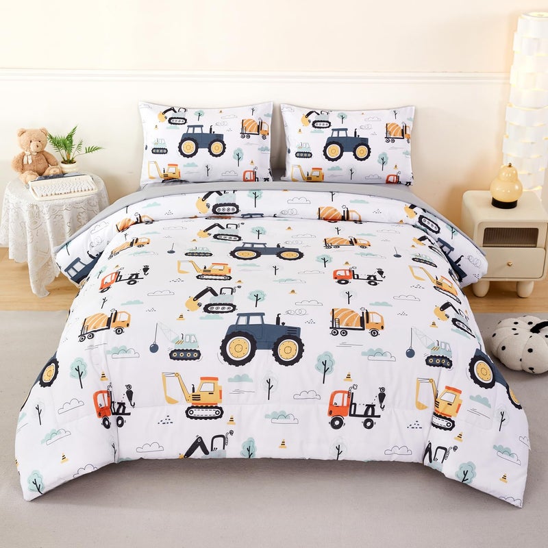ANGIYUIN 5Pcs White Construction Boys Bedding Set Full Size Excavator Comforter Set for Kids Trucks Tractors Bed Comforter Set Soft Fluffy Boy Bed in A Bag with Sheets - Image 1