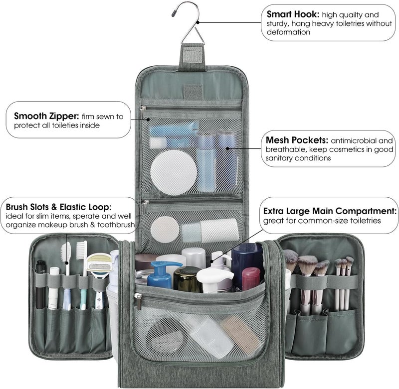 WANDF Large Hanging Toiletry Bag Travel Cosmetic Makeup Organizer Water-Resistant Shower Bathroom Bag for Women and Men (Gray) - Image 2