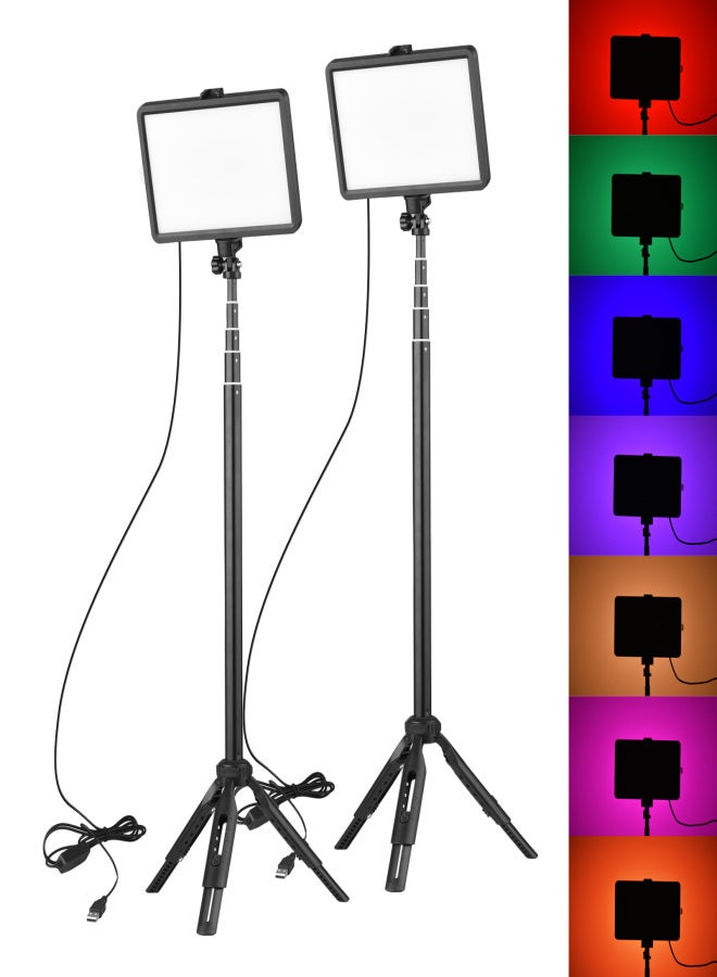 أندوير مجموعة إضاءة فيديو RGB محمولة مع 2 مصباح فيديو LED بـ 7 ألوان إضاءة 3200K-5600K 10 مستويات سطوع تعمل عبر USB + 2 حامل ثلاثي القوائم قابل للتمديد بحد أقصى 148 سم / 58 بوصة لمؤتمرات الفيديو المباشرة - Image 1