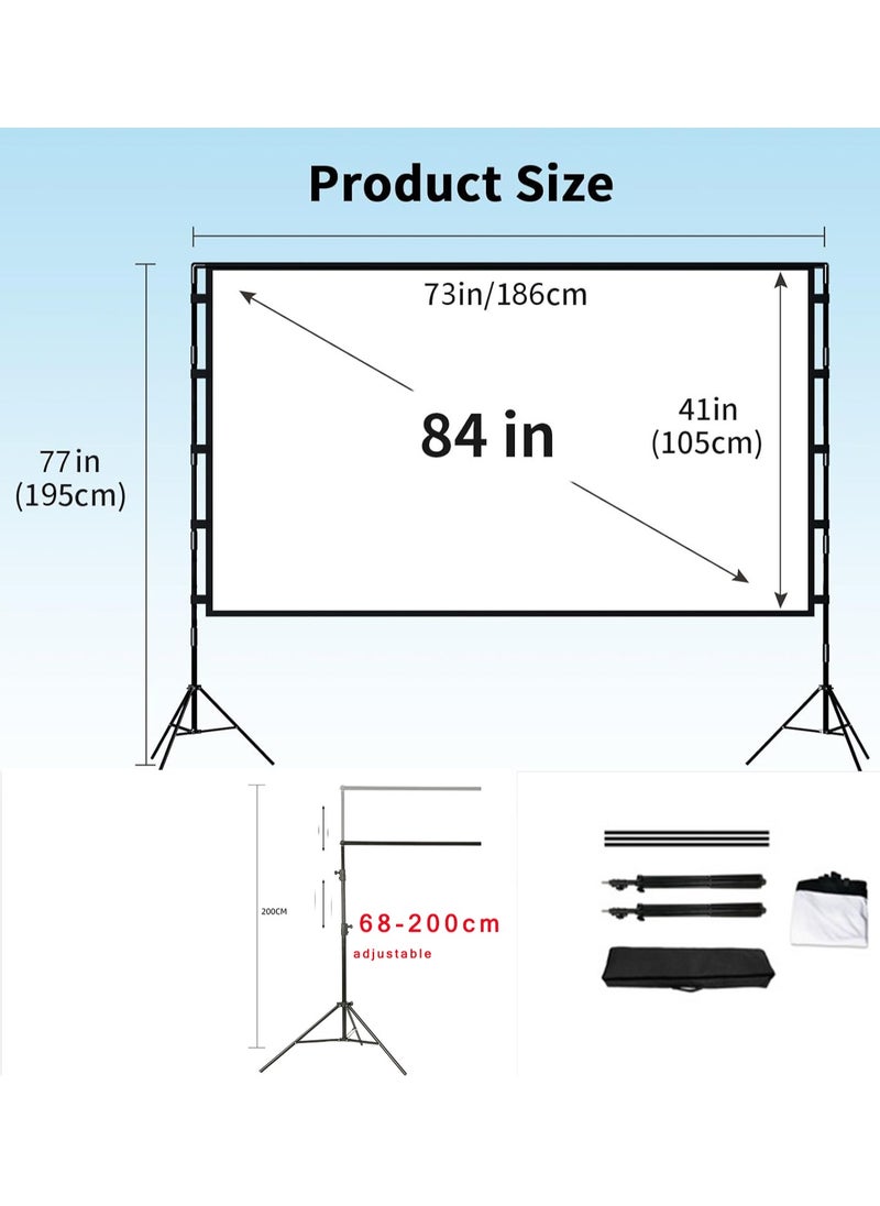 CityRiya-Long Projector Screen and Stand, 84 inch Portable Projector Screen with Stand, Indoor Outdoor Projection Screen, 16:9 4K HD Wrinkle-Free Movie Screen with Carry Bag for Home Movie Theater  - Image 2