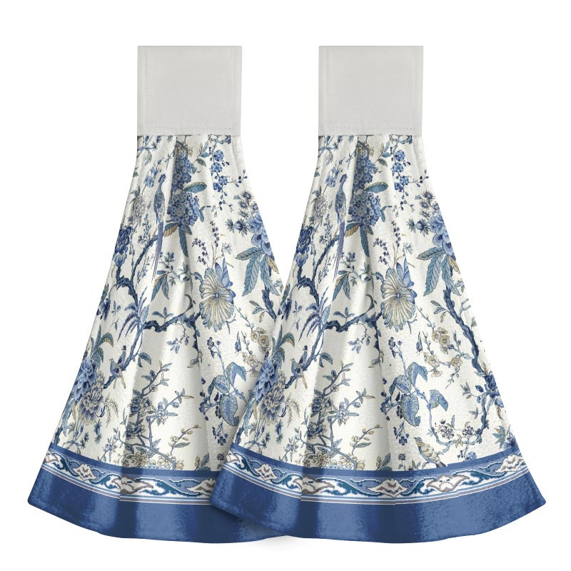 Giwawa Chinoiserie Flower Kitchen Hanging Towel Set of 2, Blue White Oriental Bird Floral Hand Tie Towel with Loop & Hook, Absorbent Soft Washcloth Dish Tea Bar Towel for Bathroom Gym Decor - Image 1