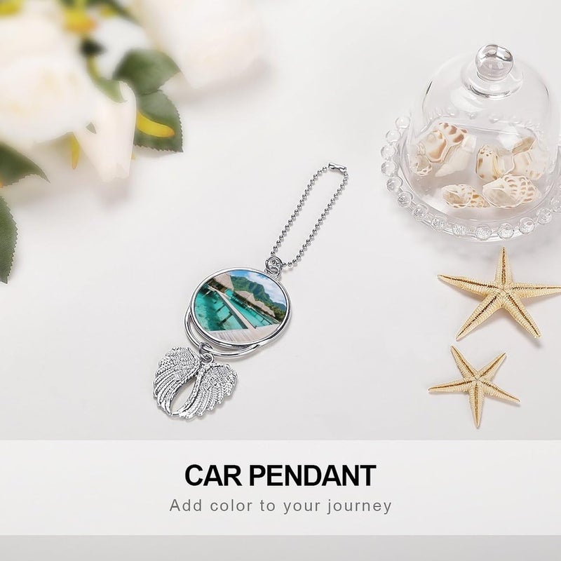 Tahiti Beach Car Hanging Ornament for Rearview Mirror Silver Car Charm Pendant Guardian Angel Wing Decorations Rearview Mirror Hanging Accessory Decor Gift for Women Men - Image 3