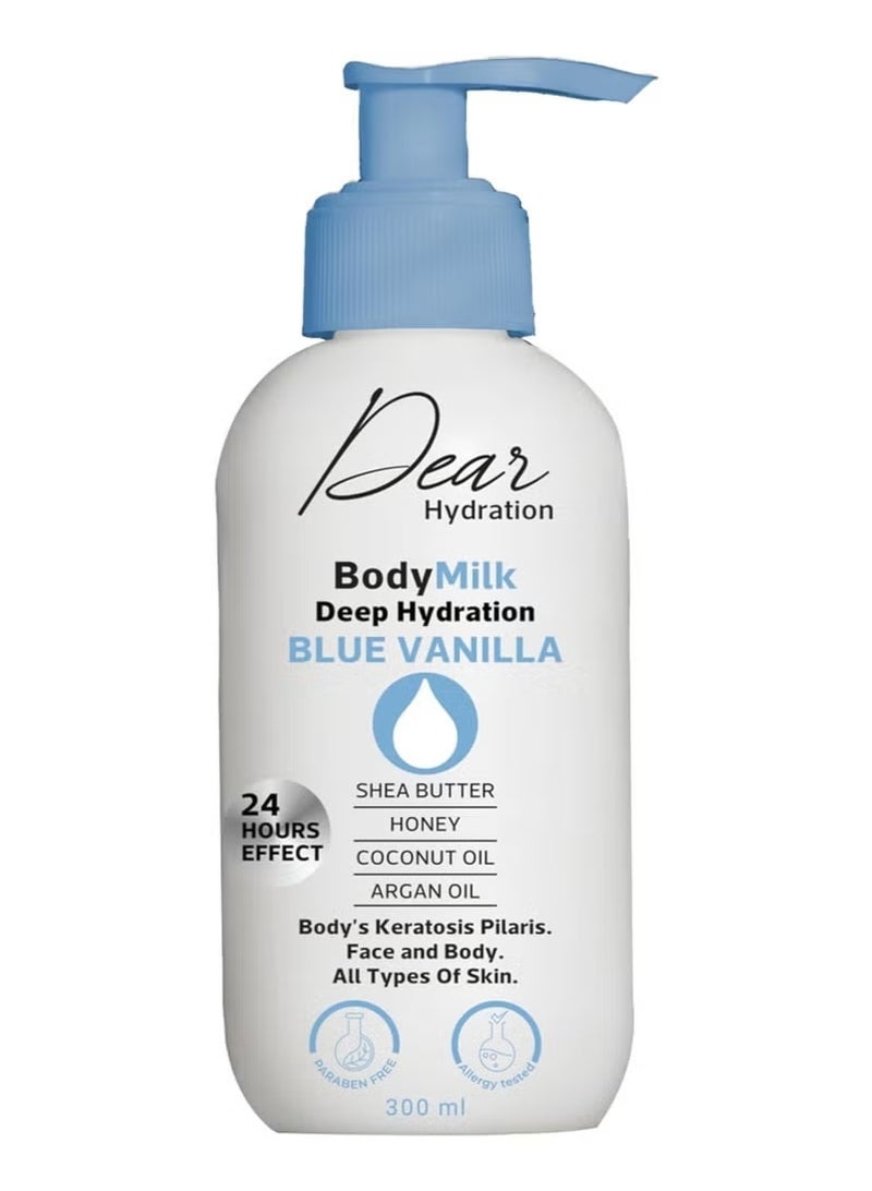 Hydration Body Milk Blue Vanilla Deep Hydration for 24 Hours With Shea Butter, Honey, Coconut Oil & Argan Oil 300ml