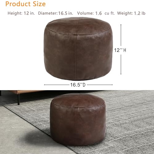 Thgonwid Unstuffed Faux Leather Pouf Cover, Handmade Footstool Ottoman Storage Solution, Floor Footrest Cushion - 16.5”Dx12”H, Matte Coffee - Image 2