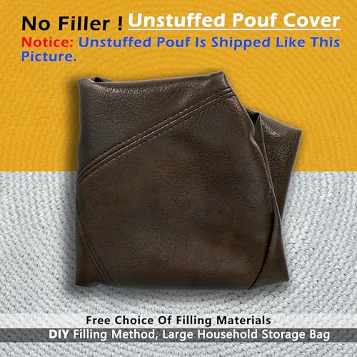Thgonwid Unstuffed Faux Leather Pouf Cover, Handmade Footstool Ottoman Storage Solution, Floor Footrest Cushion - 16.5”Dx12”H, Matte Coffee - Image 3