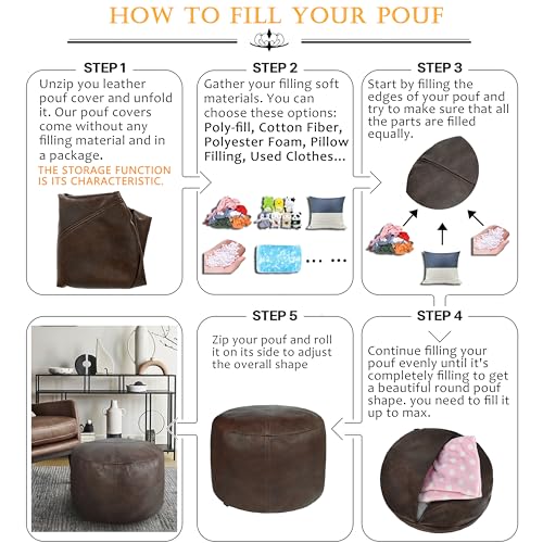 Thgonwid Unstuffed Faux Leather Pouf Cover, Handmade Footstool Ottoman Storage Solution, Floor Footrest Cushion - 16.5”Dx12”H, Matte Coffee - Image 4