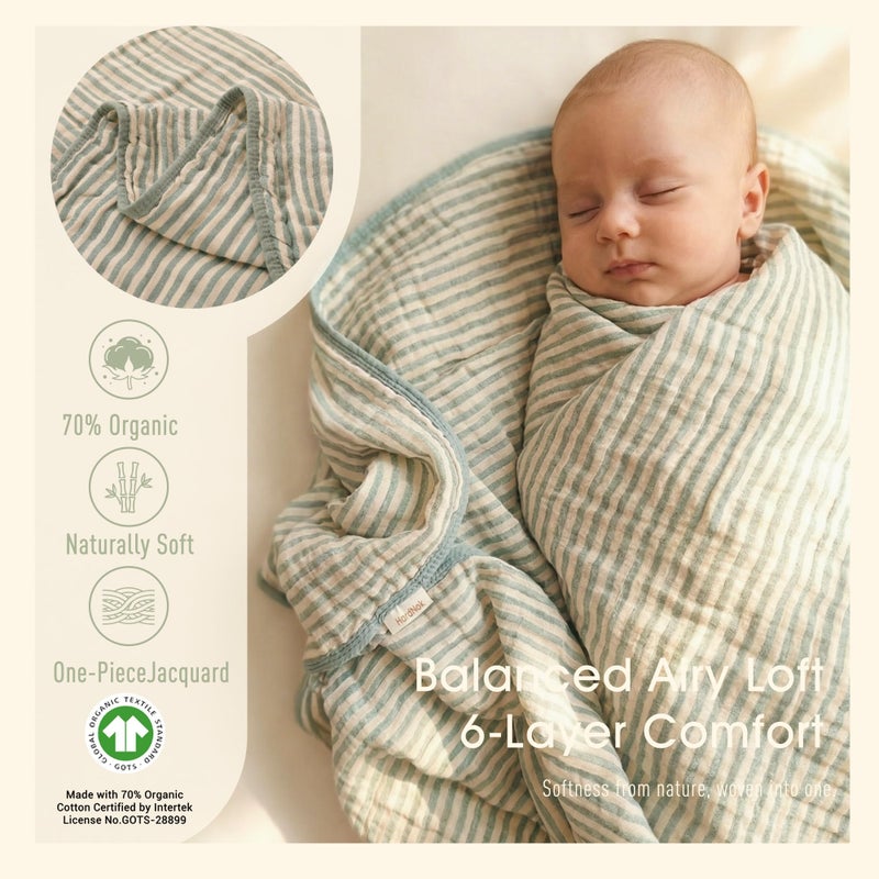 HardNok Ultra Soft Muslin Baby Blanket - Made with Organic Cotton, Gender Neutral Sage Green Striped Jacquard, Swaddle & Crib Quilt, 43x43 Inches (Sage Green Stripes) - Image 3