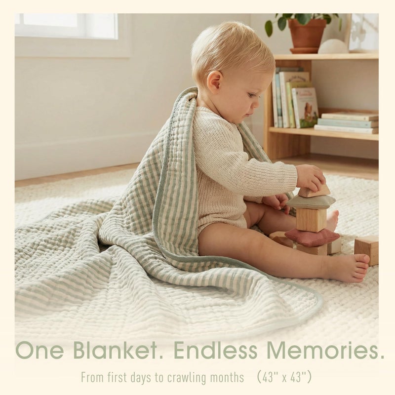 HardNok Ultra Soft Muslin Baby Blanket - Made with Organic Cotton, Gender Neutral Sage Green Striped Jacquard, Swaddle & Crib Quilt, 43x43 Inches (Sage Green Stripes) - Image 2