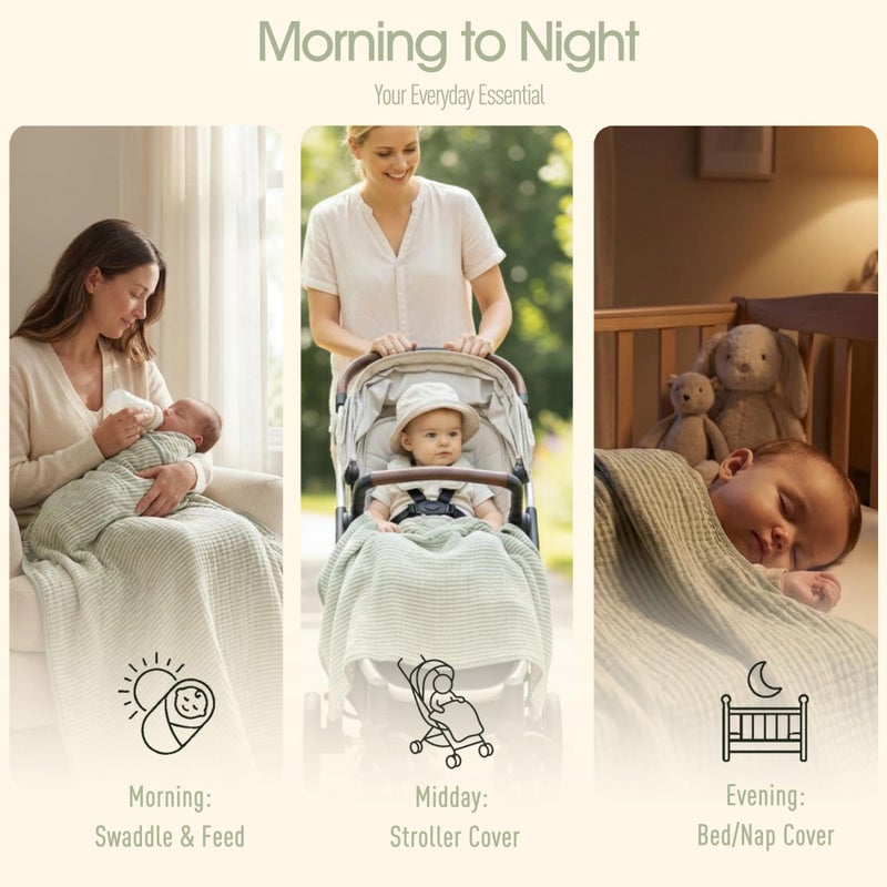 HardNok Ultra Soft Muslin Baby Blanket - Made with Organic Cotton, Gender Neutral Sage Green Striped Jacquard, Swaddle & Crib Quilt, 43x43 Inches (Sage Green Stripes) - Image 4