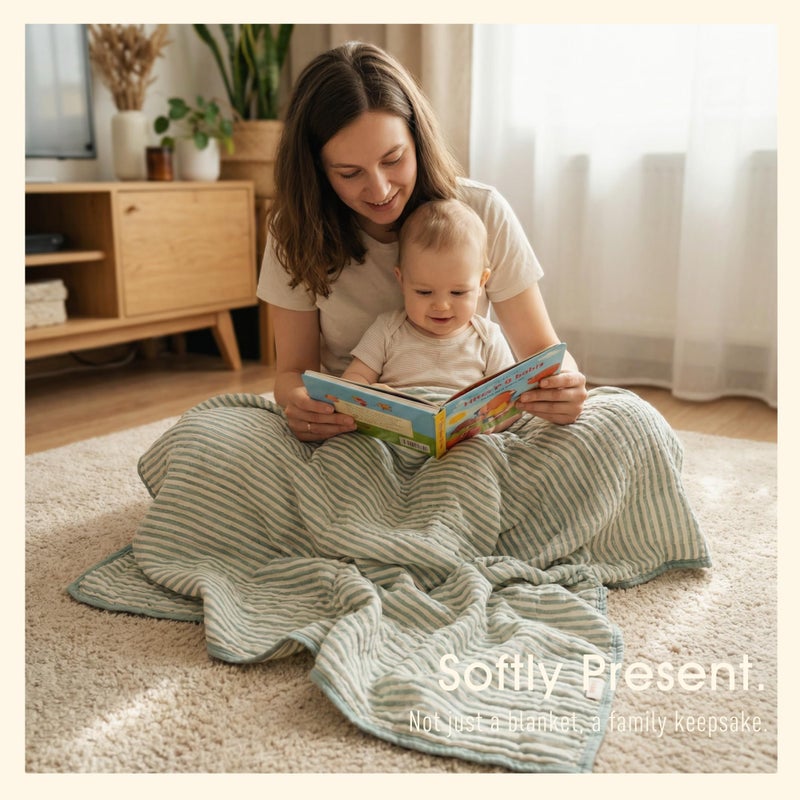 HardNok Ultra Soft Muslin Baby Blanket - Made with Organic Cotton, Gender Neutral Sage Green Striped Jacquard, Swaddle & Crib Quilt, 43x43 Inches (Sage Green Stripes) - Image 5