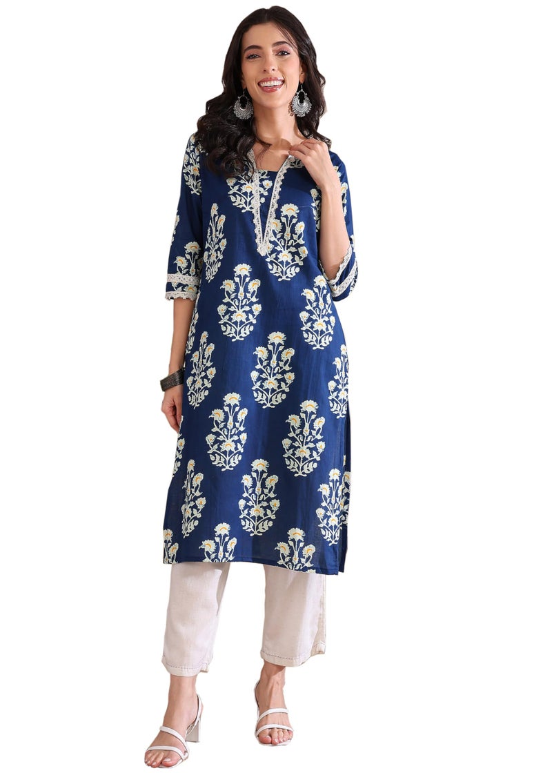 LAVANDIS Womens Printed Straight Cotton Kurti for Casual Wear Kurta Blue - Image 4