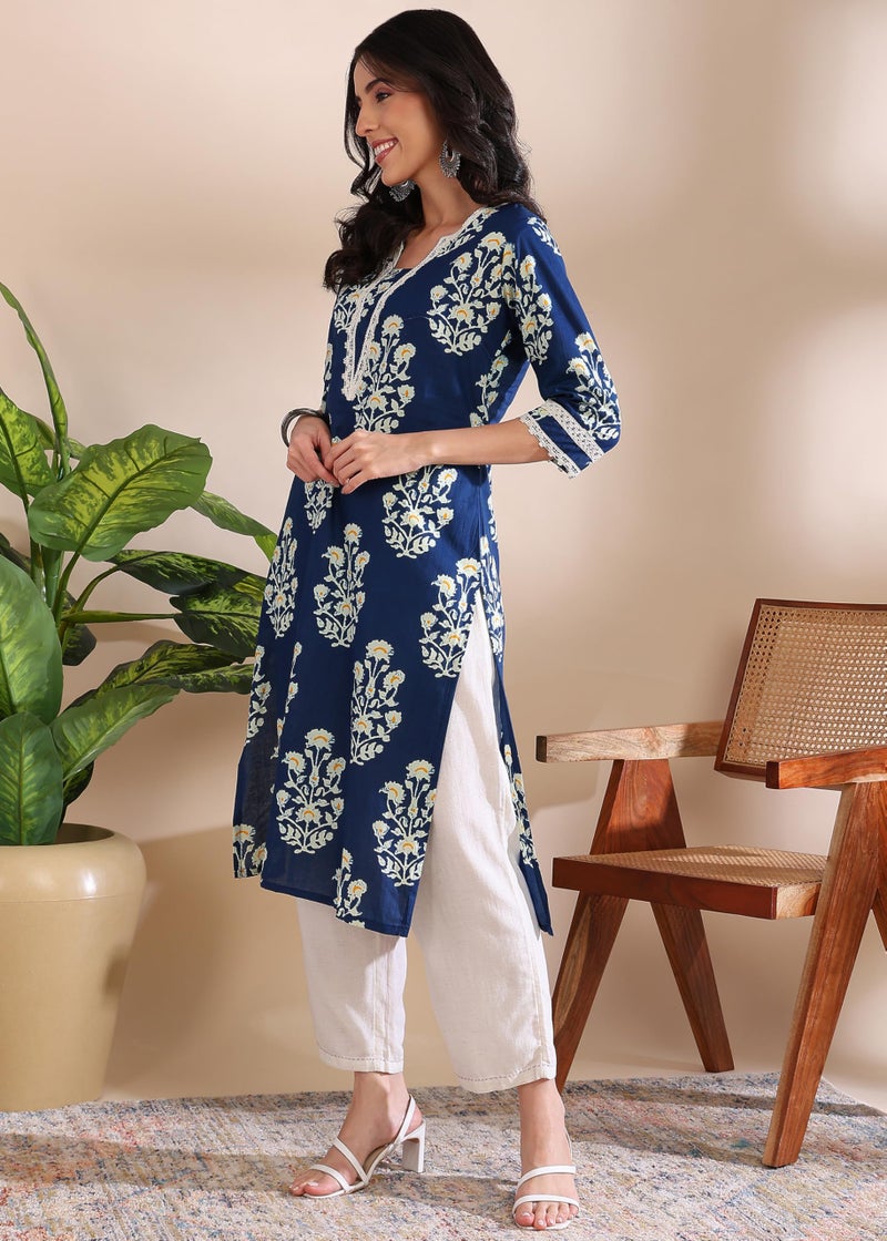 LAVANDIS Womens Printed Straight Cotton Kurti for Casual Wear Kurta Blue - Image 5