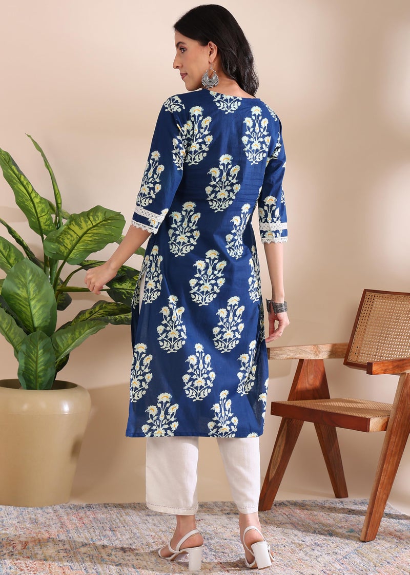 LAVANDIS Womens Printed Straight Cotton Kurti for Casual Wear Kurta Blue - Image 3