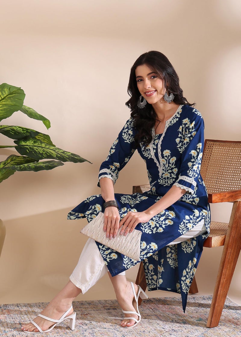 LAVANDIS Womens Printed Straight Cotton Kurti for Casual Wear Kurta Blue - Image 2