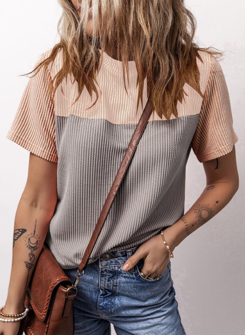 Dokotoo Womens Shirts Color Block Short Top Cute Pullover Ladies Tees & Blouse Spring Summer Business Casual t Shirts Blouses for Women Fashion 2025 Gray Medium - Image 5