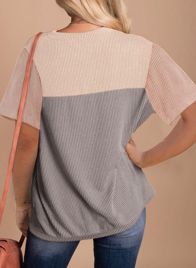 Dokotoo Womens Shirts Color Block Short Top Cute Pullover Ladies Tees & Blouse Spring Summer Business Casual t Shirts Blouses for Women Fashion 2025 Gray Medium - Image 2